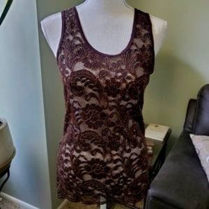 BKE Buckle Brown Lace Glitter Floral racerback tank top size medium.
